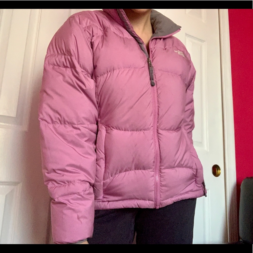 Mauve puffer coat from The North Face
